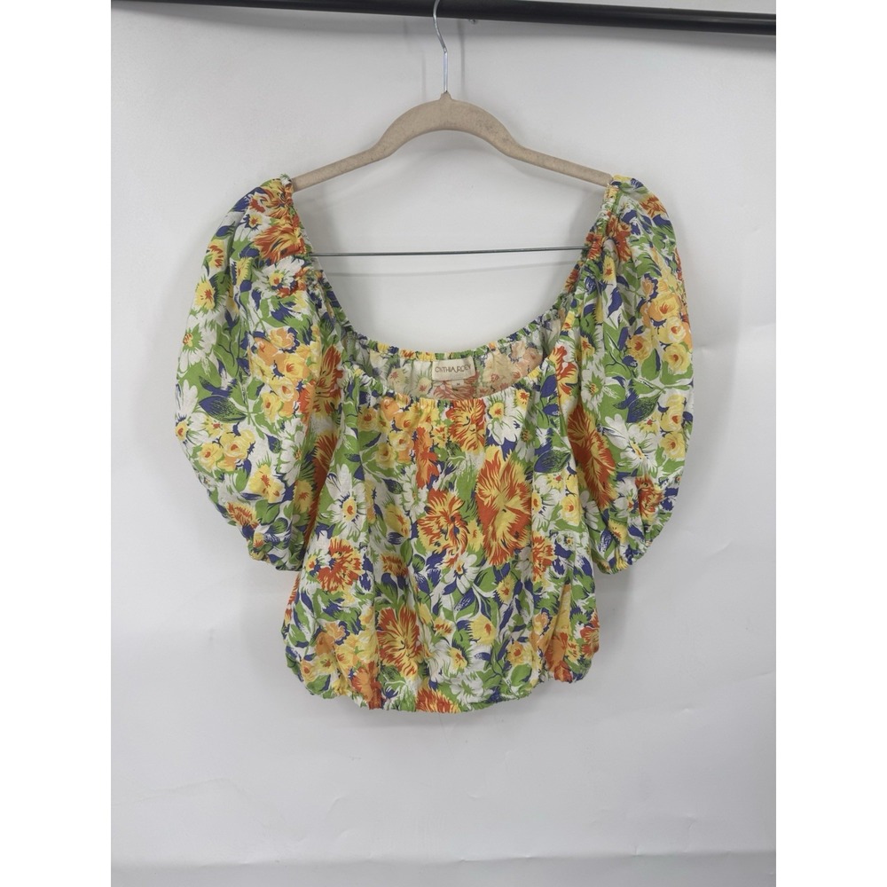 Cynthia Rowley Yellow Green Floral Puff Sleeve Crop Top